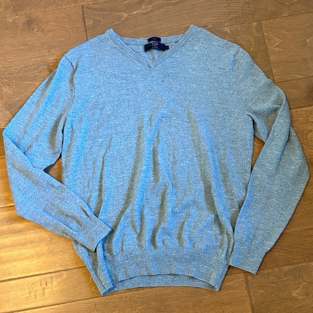 J Crew Slim Fit Sweater VNeck Cotton Gray Sweater Men’s Size Large